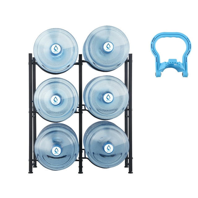 KFFKFF Triple Layered Water Container Stand, 5 Gallon Water Bottle Organizer, Dual Line Water Bottle Storage for 6 Bottles, Robust Water Container Stand for Kitchen, Office, Living Room, Black