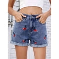 thumbnail image 4 of Womens Mid-High Waisted Cherry Embroidery Denim Jean Shorts Cutoff Stretchy Summer Hot Short Pants Blue S, 4 of 9
