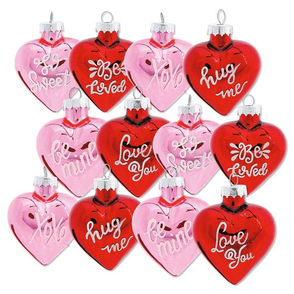 Lillian Vernon glitter Words glass Heart Valentines Day Ornaments - Set of 12, 6 of Each color, Sparkling Decorations, Holiday Home Decor, 1-14 x 2 x 2-12