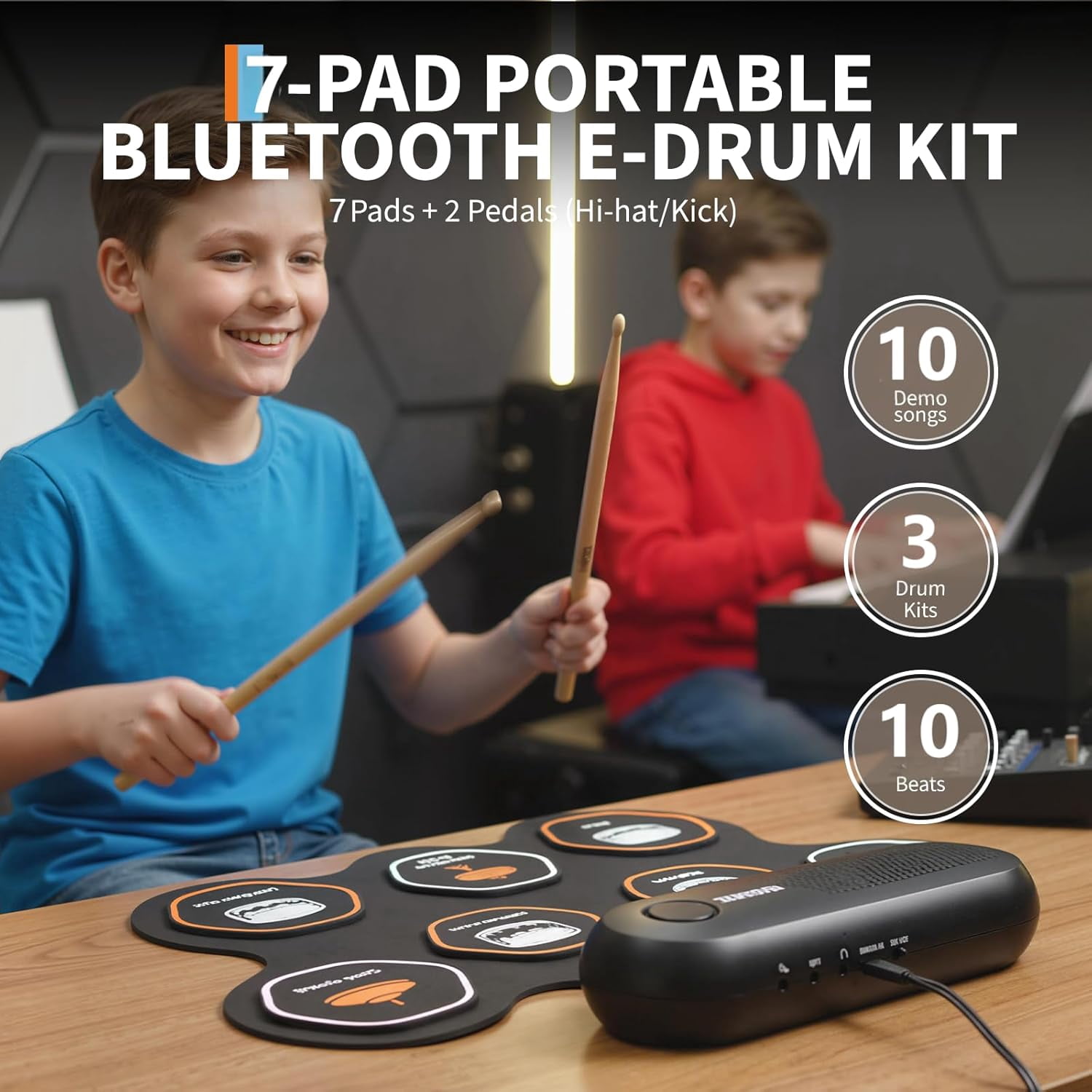 Senfot 7-Pad Electronic Drum Set with Built-In Speaker, Drum Pedals & Sticks, Portable Roll-Up Electric Drum Kit with Headphone Jack for Beginners