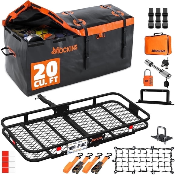 Mockins Porte-chargeur 60"x20"x6" avec Attelage Arrière, Sac de Cargaison Orange de 20 Pi3 et Accessoires