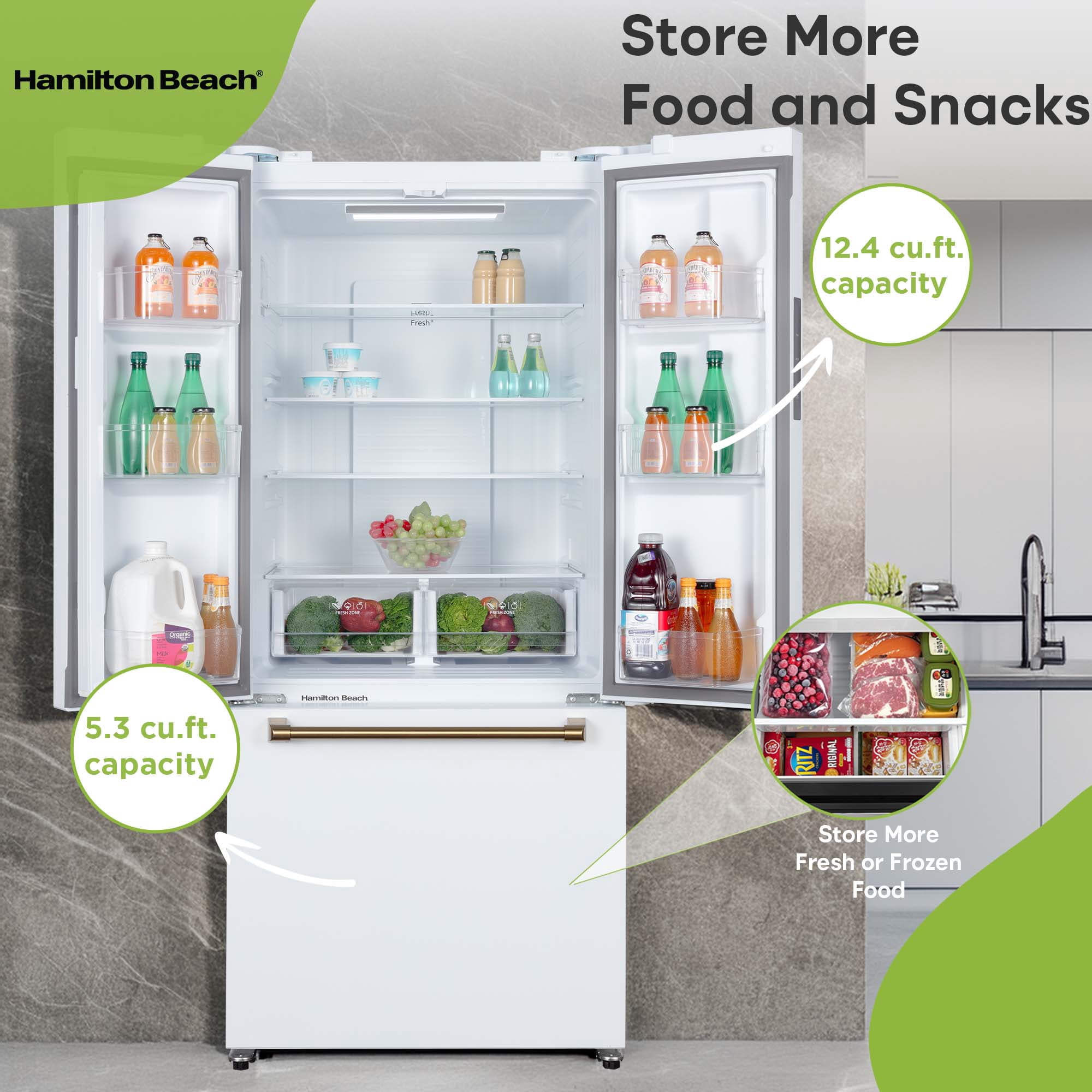 Hamilton Beach 17.7 Cu. ft. Frost Free French Door Refrigerator, Energy Star Rated Fridge with Inverter Compressor, LED Display, 6 Gallon Door Bins, Gold White