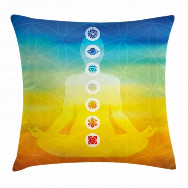Chakra Decor Throw Pillow Cushion Cover, Gradient Colored Digital Female Human Body with Central Sacred Chakra Points Design, Decorative Square Accent Pillow Case, 16 X 16 Inches, Multi, by Ambesonne