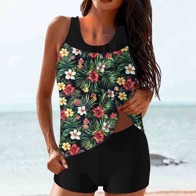Trajes de baño Amzcrzy Tankini para mujer, trajes de baño, traje de baño de dos piezas, bikini para mujer con estampado conservador y espalda de tiras, traje de baño verde militar, XL