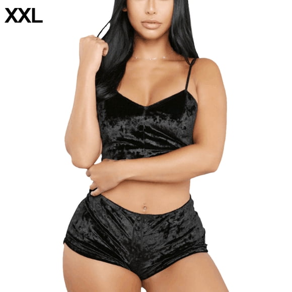 Conjunto de pantalones cortos de terciopelo sexy para mujer, ropa de dormir, ropa interior, lencería, regalo, negro, XXL Vogacara XX000204-13