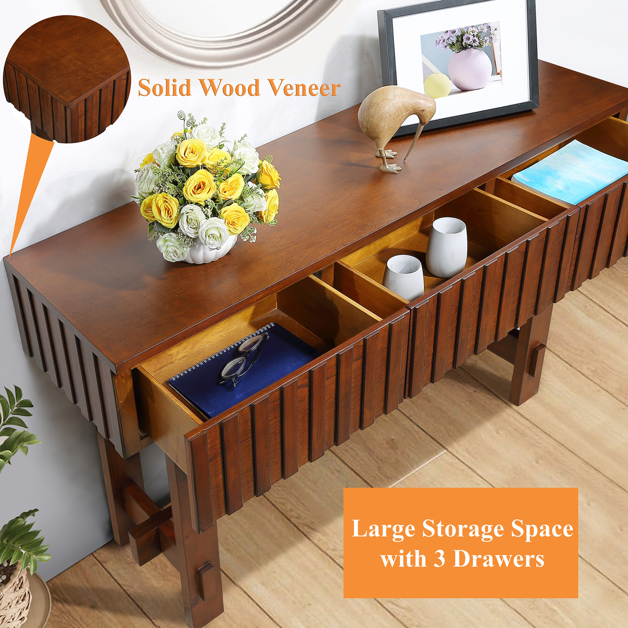 Noble House Ernestine Console Table, Pine Wood Frame with Drawers and Shelf, Half Moon Entryway Table, Cherry