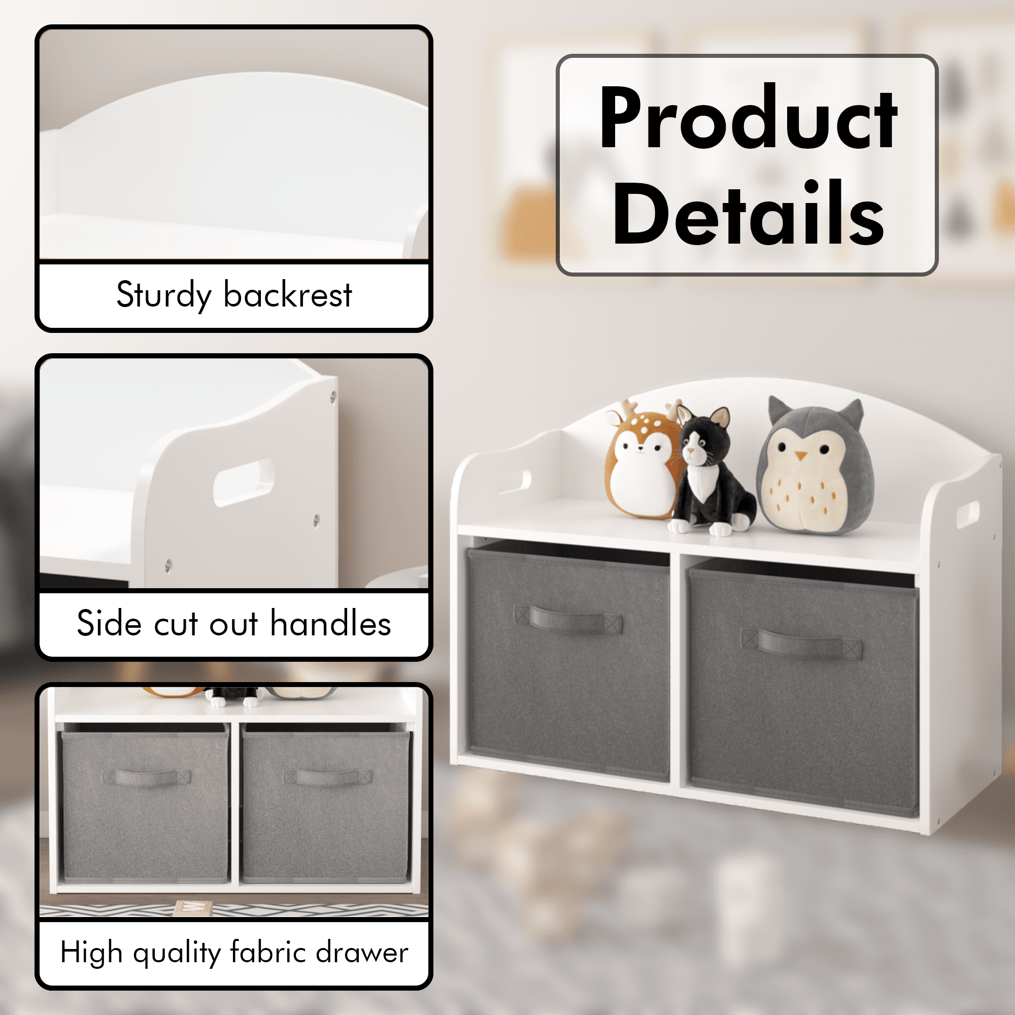 Kids Toy Box, Seizeen Toy Chest with Foldable Fabric Drawer for Boys&Girls, Toy Bench, Multi-functional Storage Cabinet with Bench, White&Gray