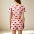 thumbnail image 2 of VONCOS Womens Soft Breathable Short Sleeve Pajama Set, Cute Pink Bow Print Cropped Top & Elastic Waist Shorts,Size L, 2 of 4