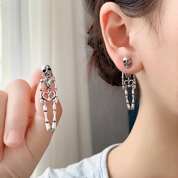 Halloween Skeleton Earrings for Women, Silver-Tone Skull Dangle Stud Earrings with Heart Detail, Gothic Punk Statement Jewelry for Halloween Party Costume, Birthday and Holiday Gifts