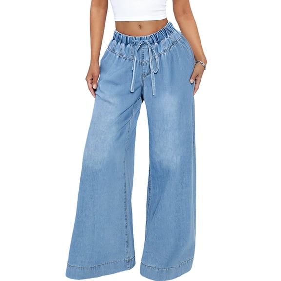 Wide Leg Jeans for Women Stretch High Wasited Elastic Waist Bell Bottom Baggy Pants Light Blue S