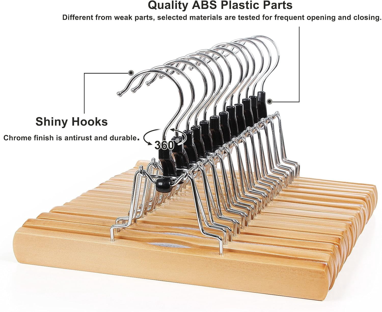 12 Pack Wooden Pants Hangers, Premium Solid Wood with Non-Slip Felt, Hold Pants Tightly, Smooth Finish Wood Skirt Hangers, with 360° Swivel Hook