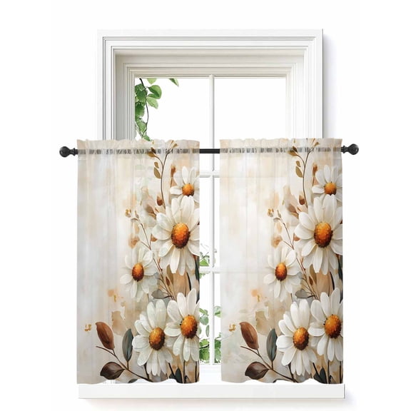 Spring Floral Curtains 45 Inch Length, Sheer Curtains for Bedroom Living Room Window Daisy Summer Botanical Vintage Flowers Rod Pocket Voile Drapes Kitchen Curtains Small Half Window 52"x45" 2 Panels