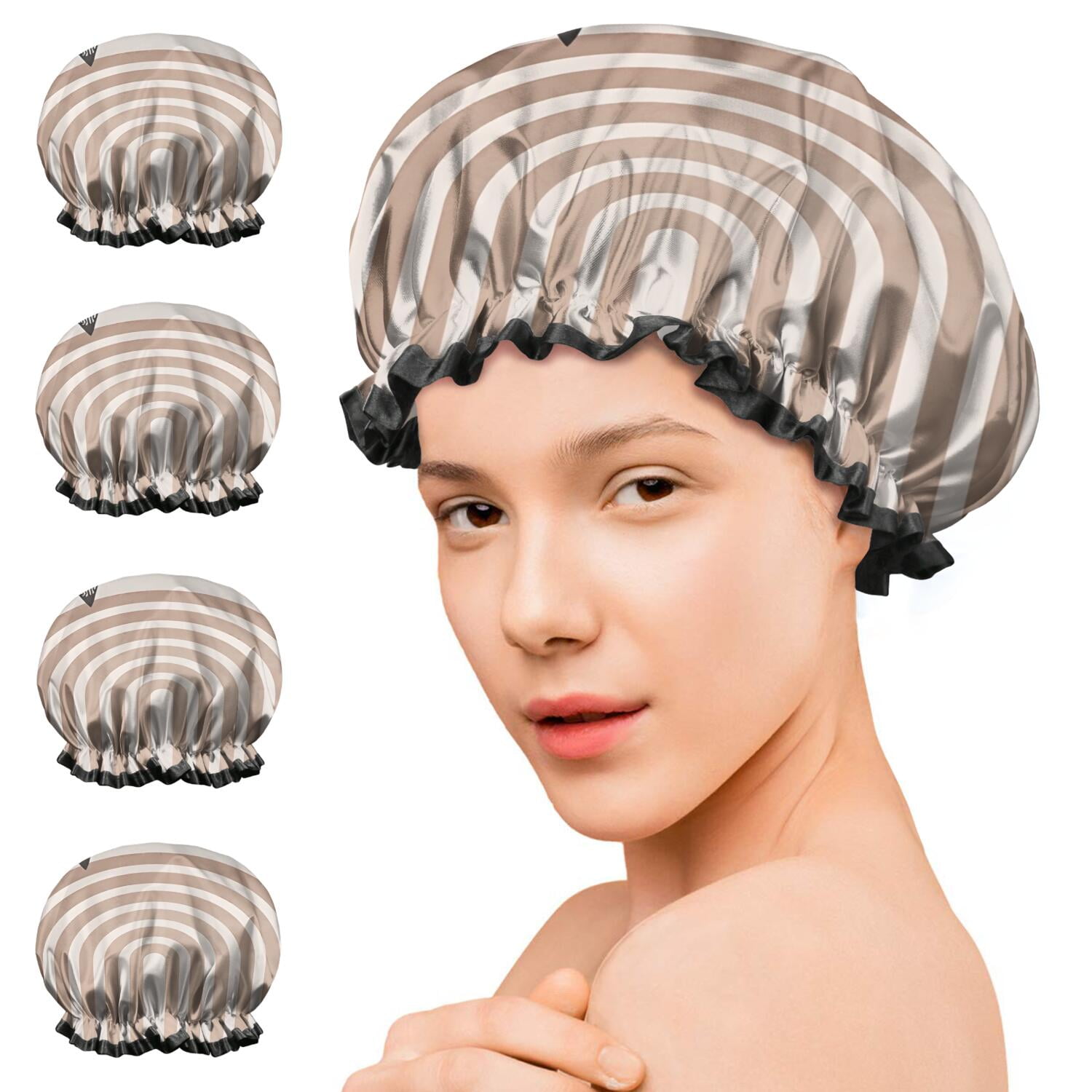Shower Caps,Brown Boho Geometric and Plant Pattern Waterproof Shower Cap for Women 4 Pieces,Double Reusable Hair Cover for Shower PEVA Elastic Stretch Hem