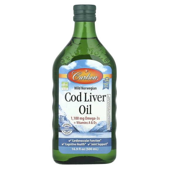 Carlson - Cod Liver Oil, 1100 mg Omega-3s A & D3, Norwegian, Wild Caught, Sustainably Sourced, Unflavored, 500 mL (16.9 Fl Oz)