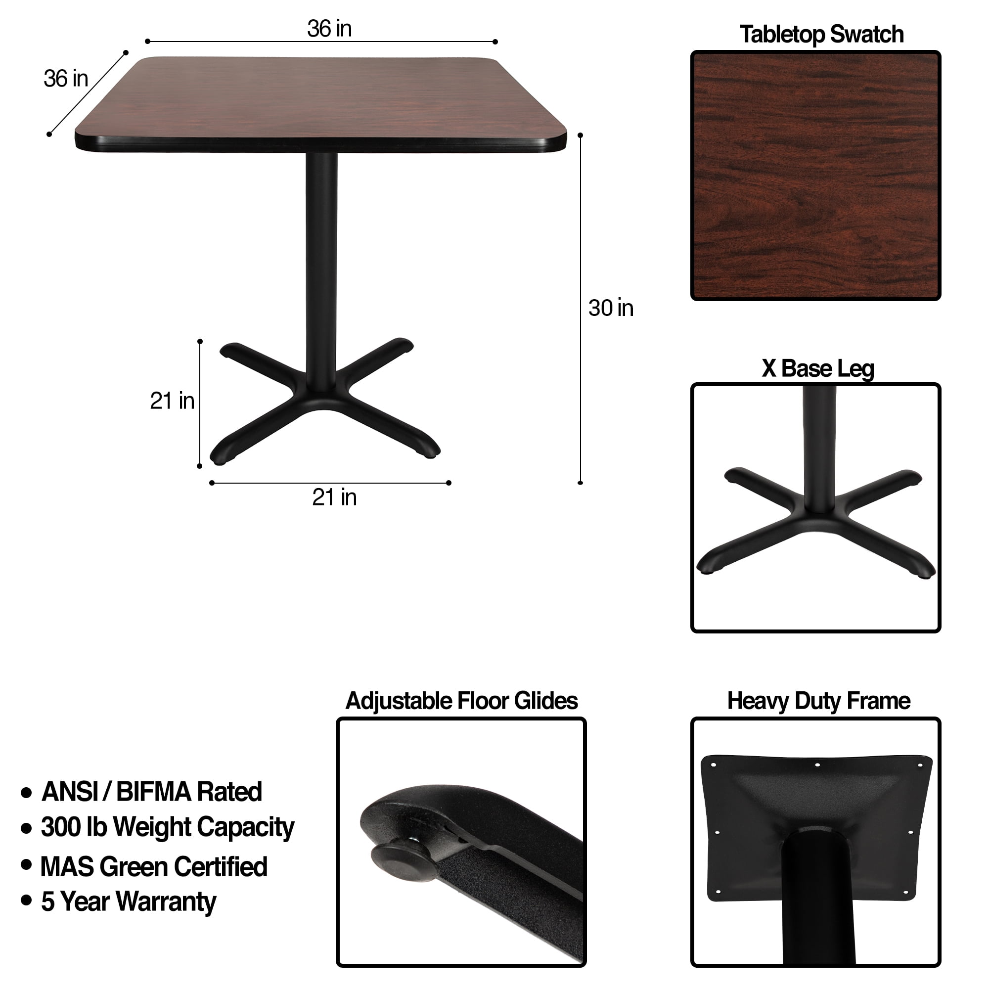 Hampden Furnishings Bennet Collection Steel Frame 36" Square Top, X Base, 30" Height Cafe Table, Black Frame/Mahogany Top