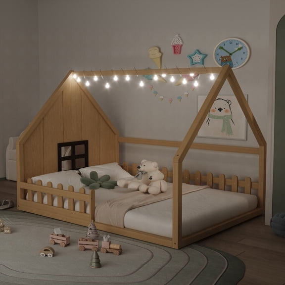 Full Size Wood Bed Frame with Window and Fence, Natural, No Box Spring for Bedroom