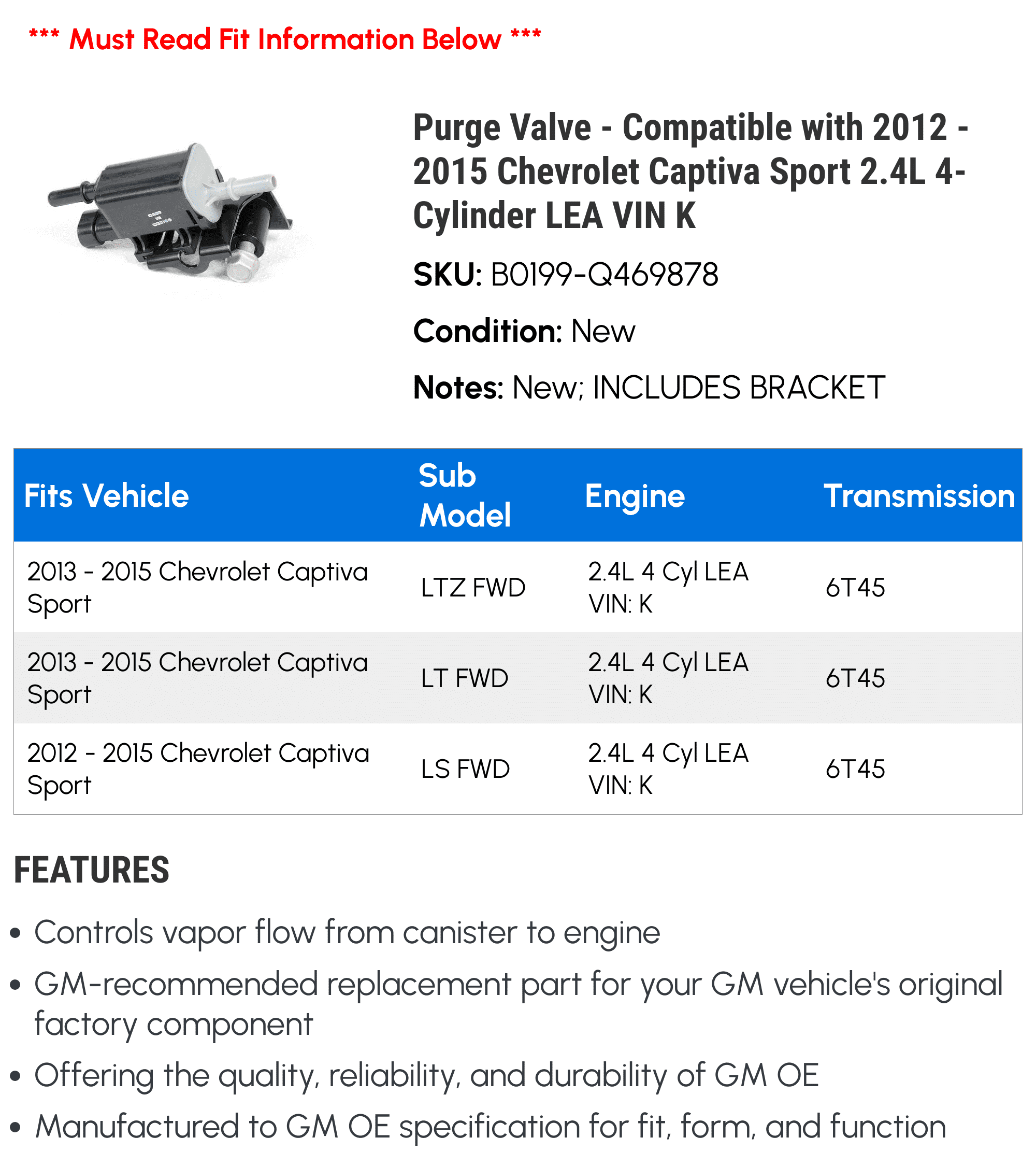 Purge Valve - Compatible with 2012 - 2015 Chevrolet Captiva Sport 2.4L 4-Cylinder LEA VIN K - AC Delco