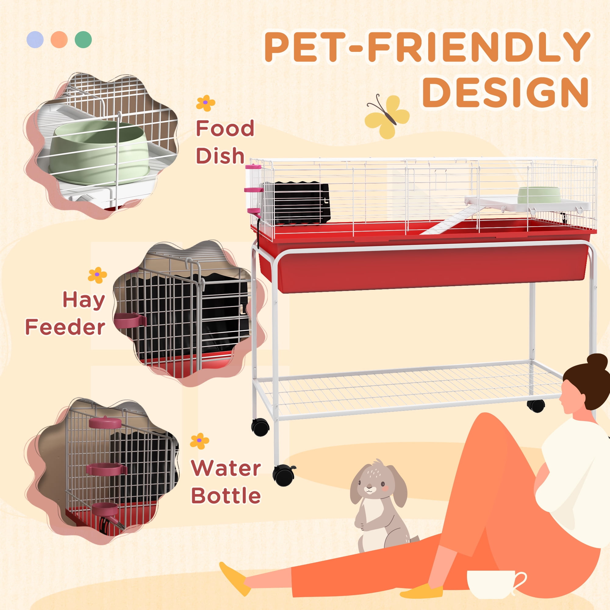 Two-Story Small Animal Cage Removable from Stand, 39" x 20.5" x 36.5", Red