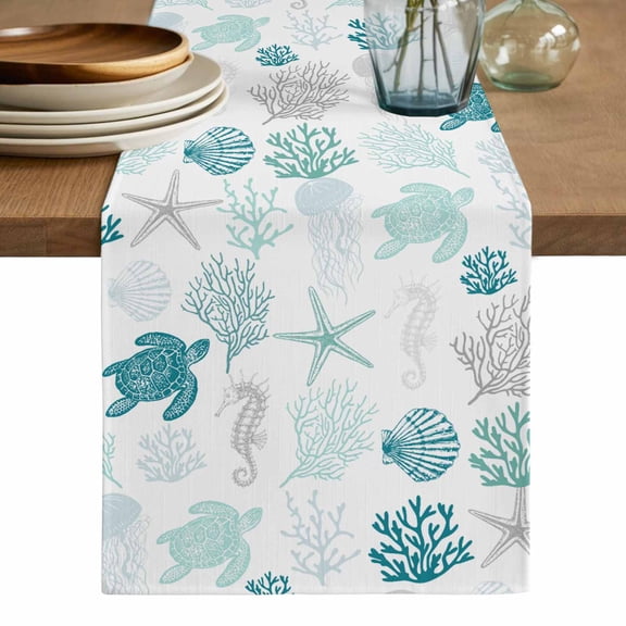 Turquoise Coastal Table Runner, Nautical Summer Beach Coral Sea Turtle Washable Cotton Linen Table Runners 90 Inches Long, Dresser Scarf Runner for Dining/Coffee/Kitchen/Hallway Tables 13''x90''