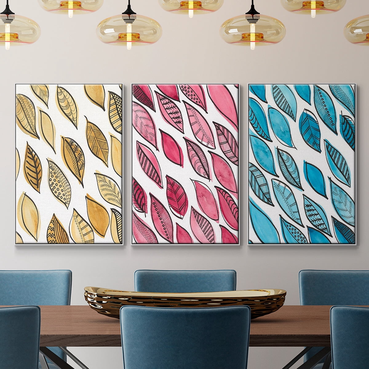 Patterned Leaf Shapes I - Framed Premium Gallery Wrapped Canvas L Frame 3 Piece Set - Ready to Hang