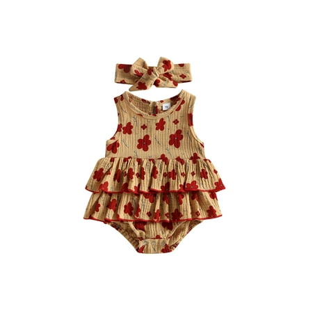 

Infant Baby Girls Romper Dress Floral Print Crew Neck Sleeveless Ruffles Hem Jumpsuits Bodysuits with Headband