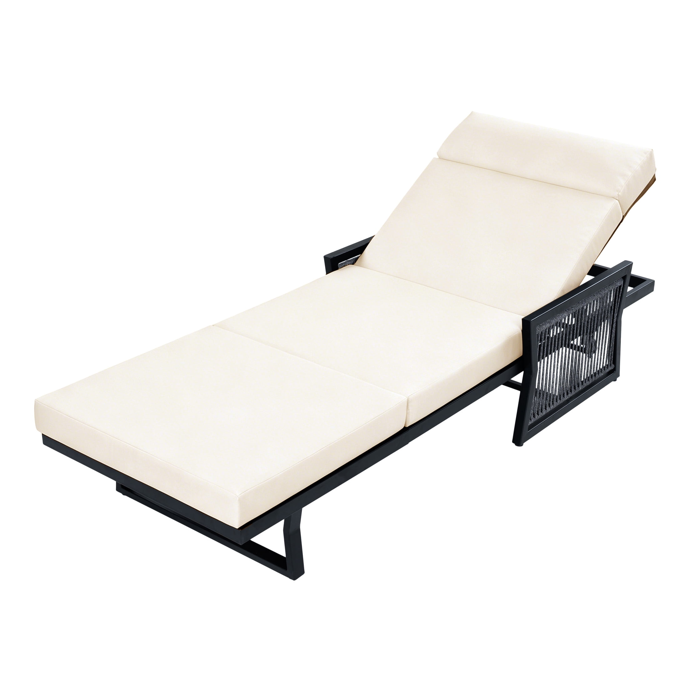 Christopher Knight Home Outdoor Chaise Lounge with 4-Fold Cushion, Adjustable Iron Recliner, Black + Beige