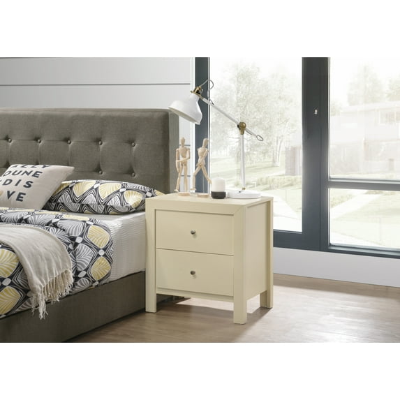 Bedroom Nightstand with 2 Drawers and Wooden Legs, Wooden Bedside Table with Non-slip Legs, Storage Table with Round Metal Handles, Chest of Storage for Bedroom, No Assembly Needed, Beige