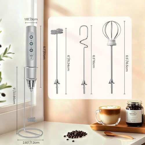 Milk Frother Handheld Rechargeable with Stand, Frother Wand Drink Mixer Electric Whisk for Coffee, Detachable With 3 Stainless Whisks, Hand Mixer for Lattes, Cappuccino, Matcha, Egg, Silver