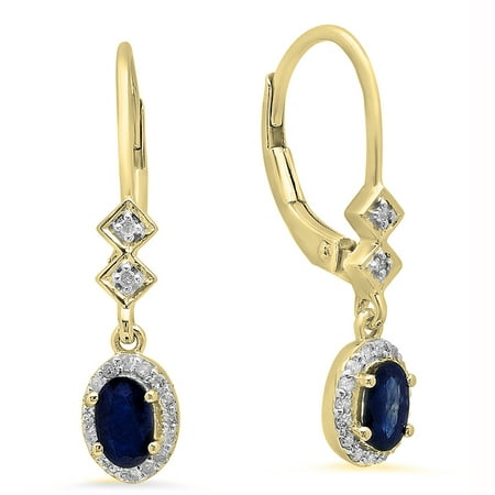 Dazzlingrock Collection 18K 5X3 MM Each Oval Blue Sapphire & Round White Diamond Ladies Dangling Drop Earrings, Yellow