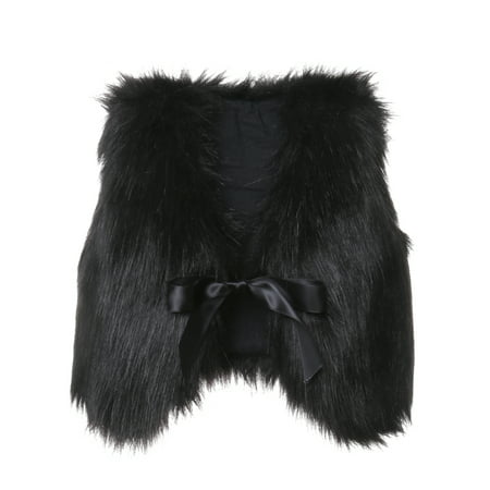 Autumn Baby Girl Faux Fur Vest Waistcoat Warm Winter Coat Outwear Sleeveless Top Bow Girl Clothing Black 6-12
