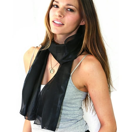 Chiffon Satin Wrap - NYFASHION101 Women's Versatile Satin Striped Sheer Chiffon Scarf Headwear - Black