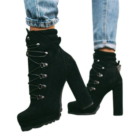 

Women s Suede Boots with High and Thick Heel Fashion Boots Lace Up Non-slip Shoes Black 37