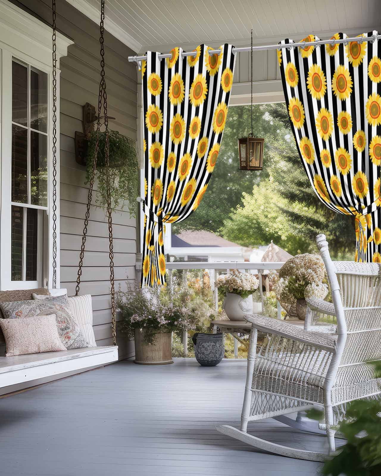 Yellow Sunflower Outdoor Curtains for Patio, Black White Stripe Farmhouse Privacy Drapes Grommet Waterproof Outside Curtains for Porch/Cabana/Balcony 54"x 108", 1 Panel