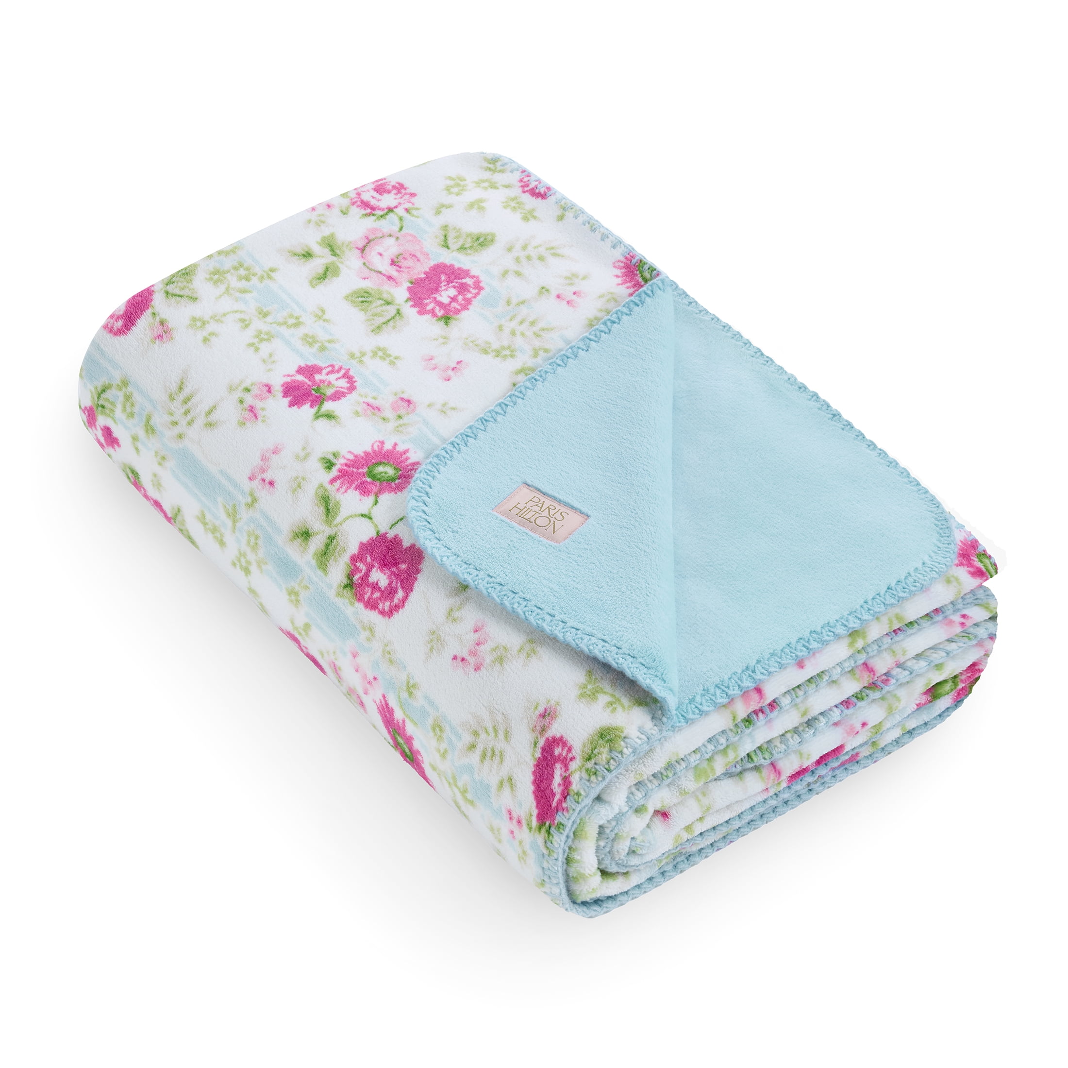 Paris Hilton Plush Throw Blanket, Reversible Fleece, 60" x 70", Blue Floral Stripe