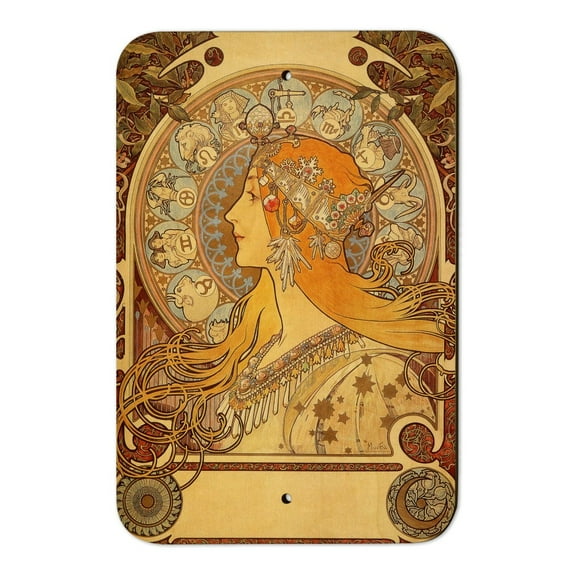 Zodiac Alphonse Mucha Art Nouveau Home Business Office Sign - Wood - 6" x 9" (15.3cm x 22.9cm)