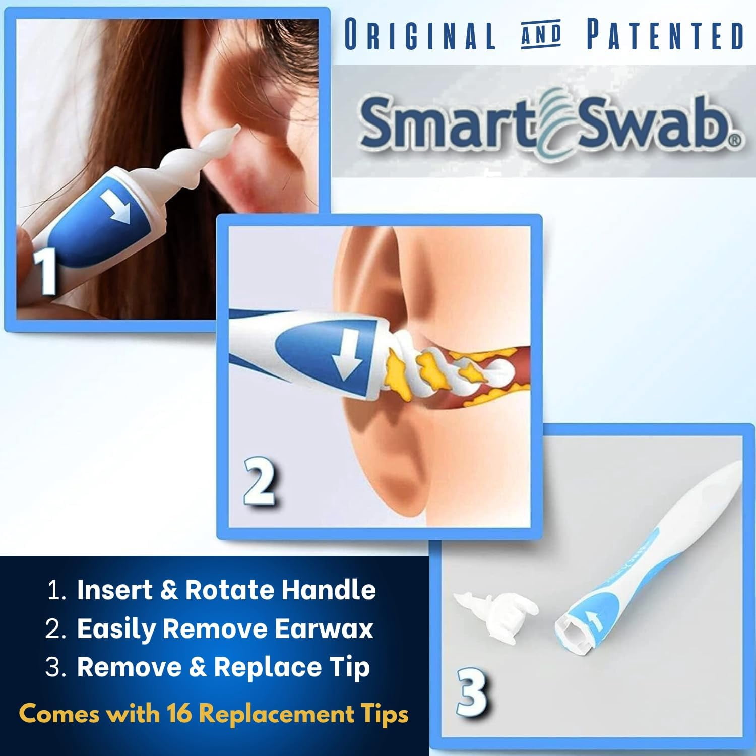 Smart Swab Ear Cleaner, Original Patented Spiral Ear Wax Removal Kit with Safety Base, 16 Soft Silicone Tips and Storage Case