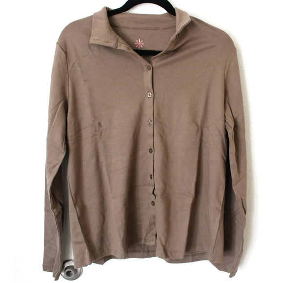 Isaac Mizrah Live! Essentials Front Button Down Shirt Taupe Brown Small