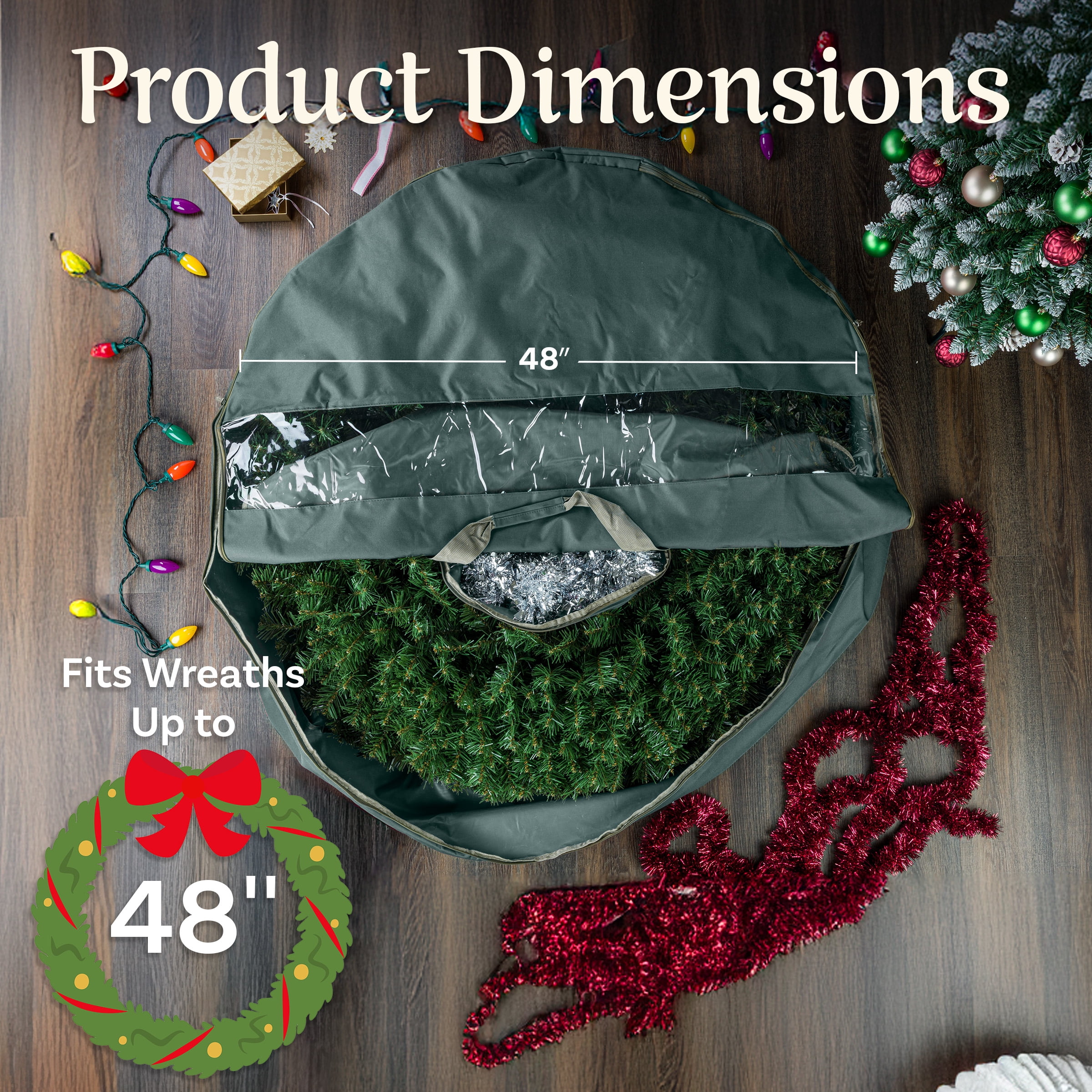 Elf Stor 48" Wreath Storage Container with Interior Compartment, Heavy-Duty Canvas Holder, Green