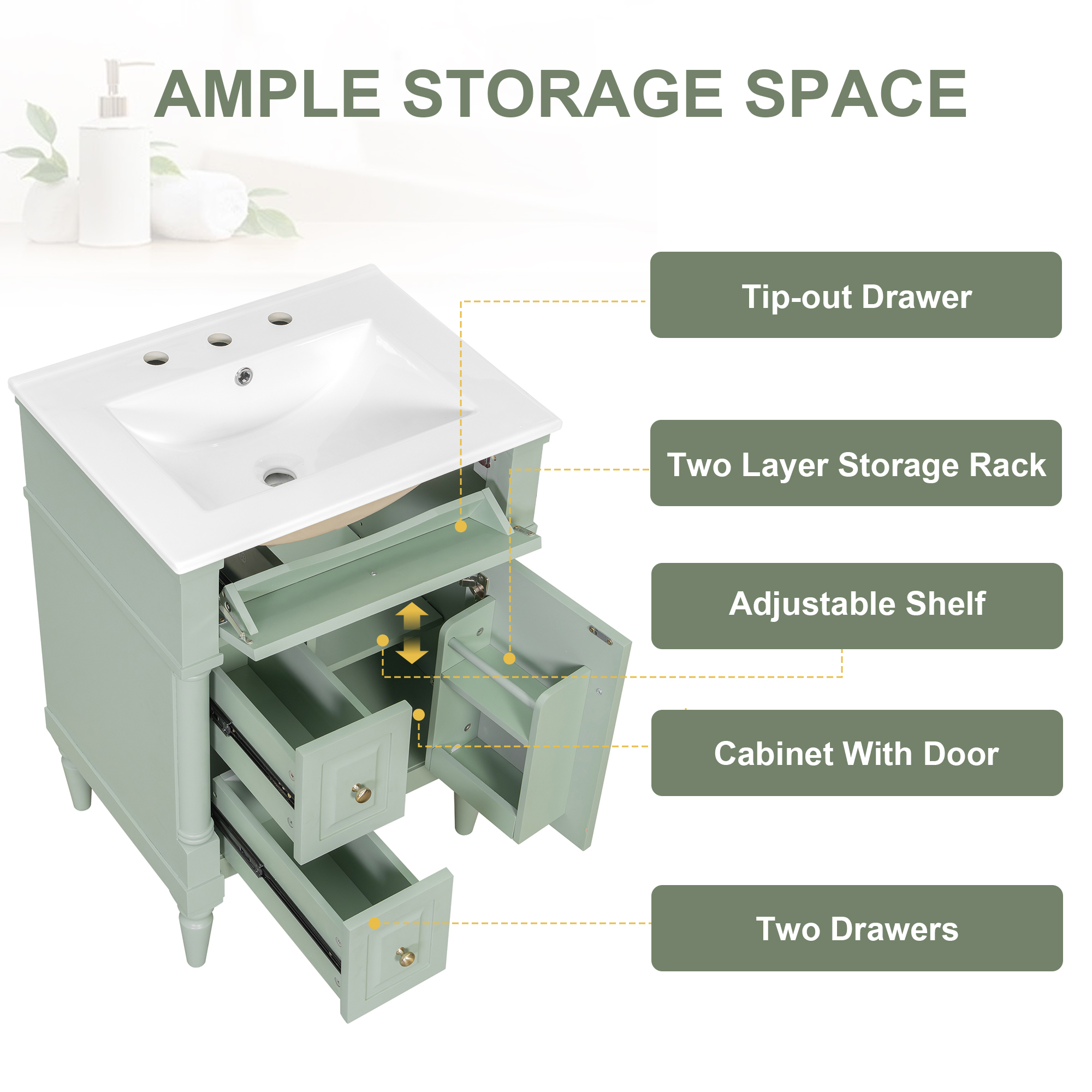Alvantor 24" Bathroom Vanity with Ceramic Sink, Freestanding Storage Cabinet with Flip Drawers Green