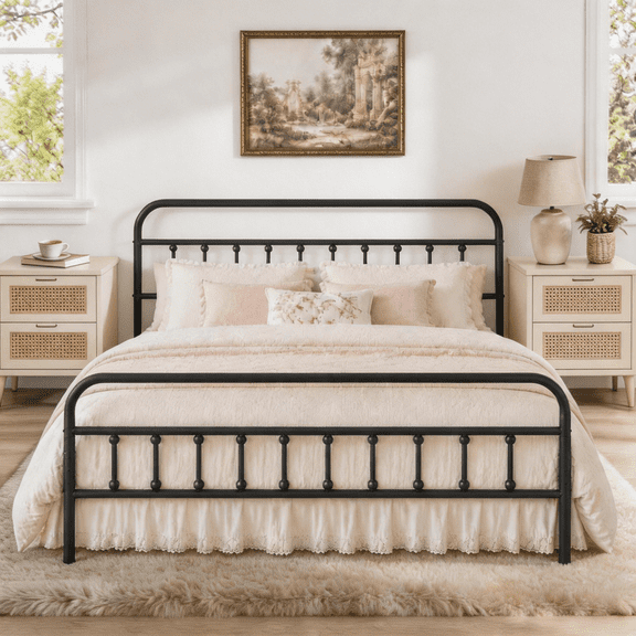 King Bed Frame with Headboard and Footboard, UHOMEPRO Metal Bed Frame with Vintage Victorian Style, Easy Assembly & No Box Spring Needed, Black