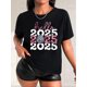 thumbnail image 1 of Unique Motif, New Year's Themed Rhinestone Earth Letter Print Black Women's Casual Fashion T-Shirt, Round Neck Short Sleeve, Polyester - Machine Washable, 1 of 7
