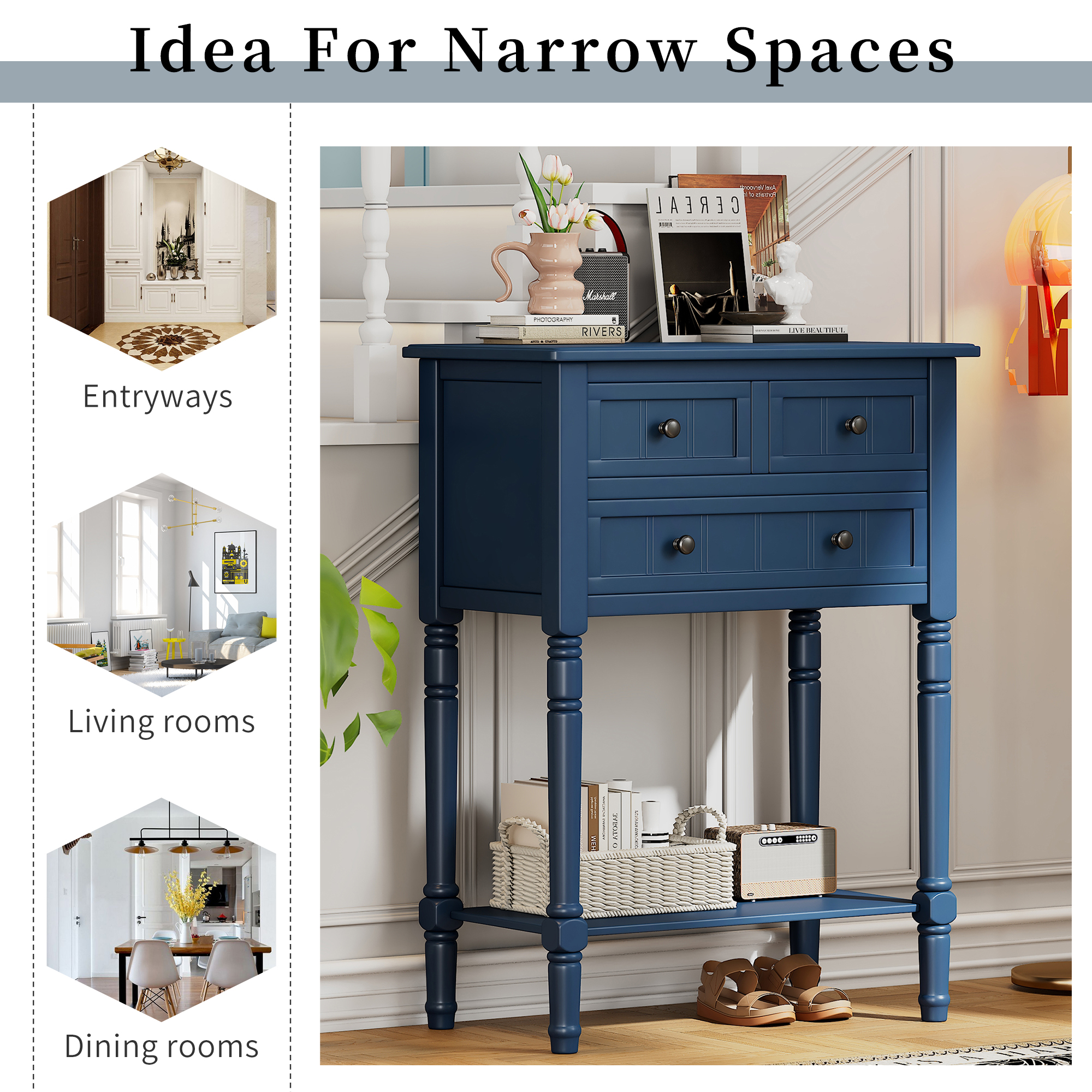 Harper & Bright Designs Narrow Console Table with Storage Drawers and Bottom Shelf for Entryway Living Room, Retro Console Table for Small Space, Navy