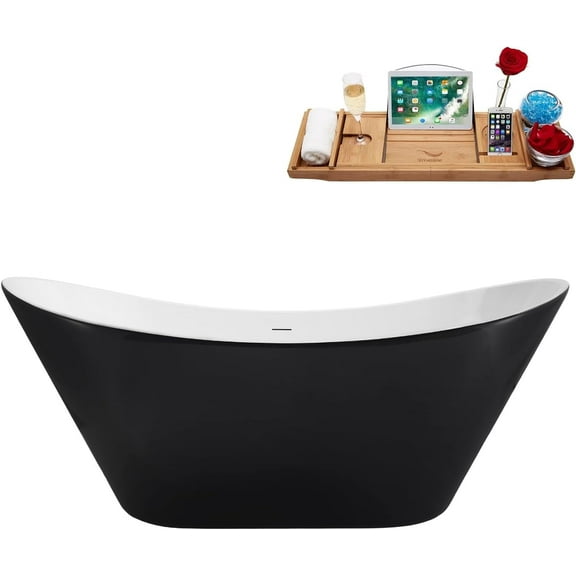 67" Streamline NB6900BGL Soaking Glossy Black Freestanding Tub and Tray With Internal Drain in Brushed Gold
