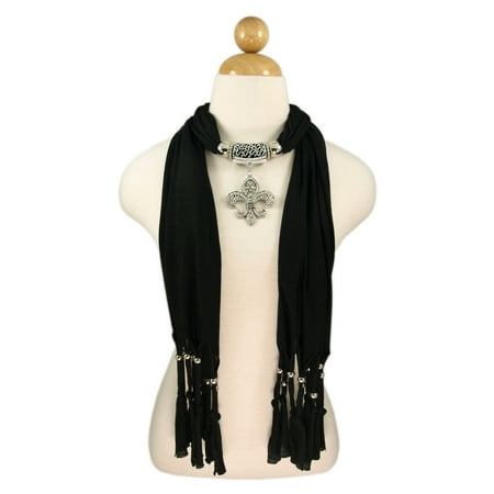 Scarf Jewelry Accessory - Elegant Charm Pendant Jewelry Necklace Scarf with Fleur de lis Medallion
