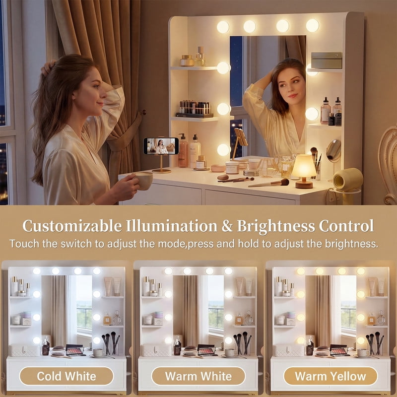 Treevan White & Gold Makeup Vanity Desk with Hollywood LED Mirror, Charging Station, 3 Color Dimmable Lights for Bedroom