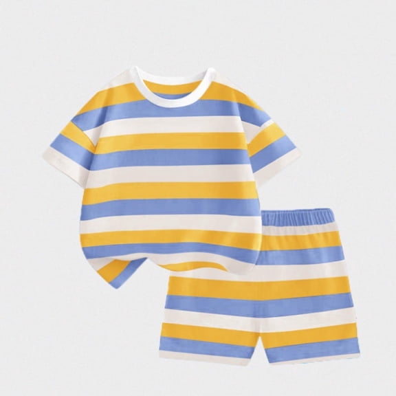 Girls Boys Summer Outfits Comfy Casual Rainbow Striped Short Sleeve T-Shirt Elastic Waist Shorts 2 Pieces Sets Blue 2-3 Years