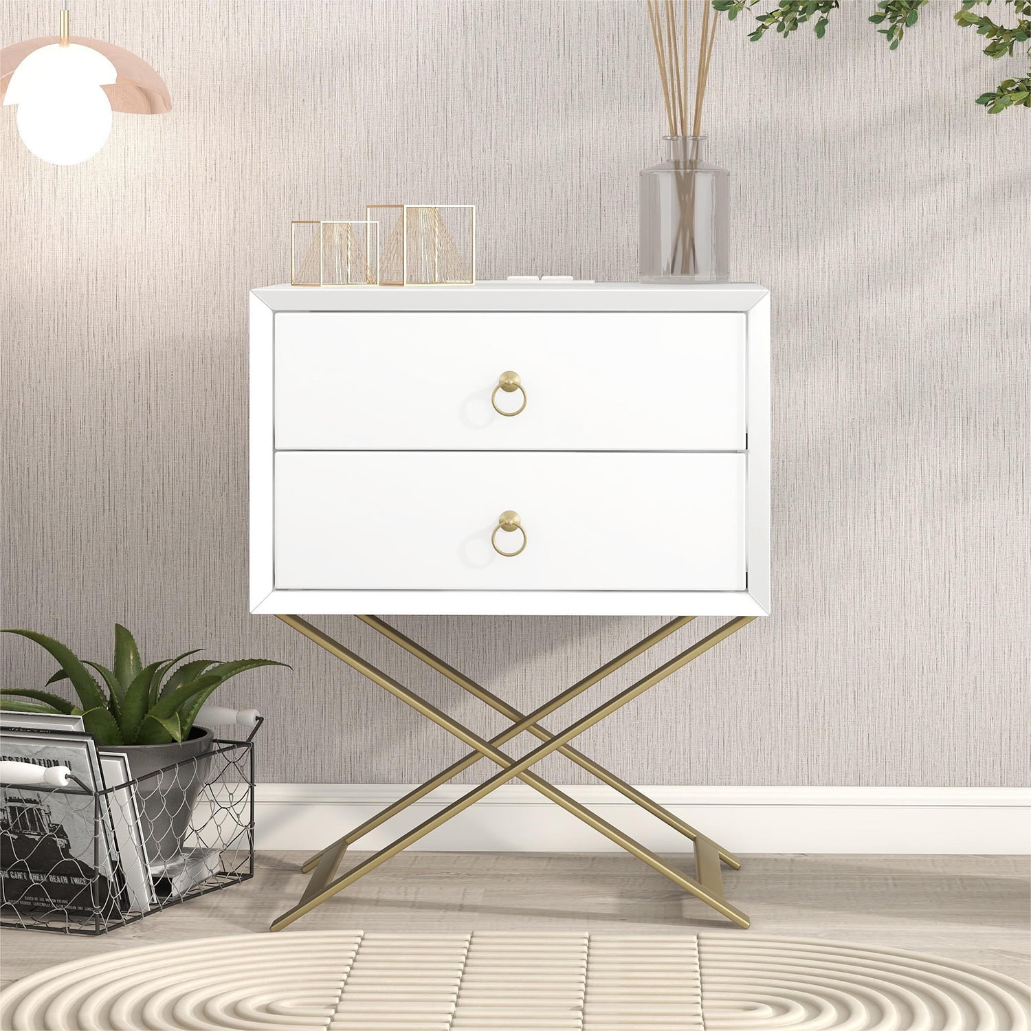 Kadyn Wood Nightstand with 2 Drawers and Golden Handle, Storage Bedside Table with USB Charging Ports, Side Table for Living Room and Bedroom, White