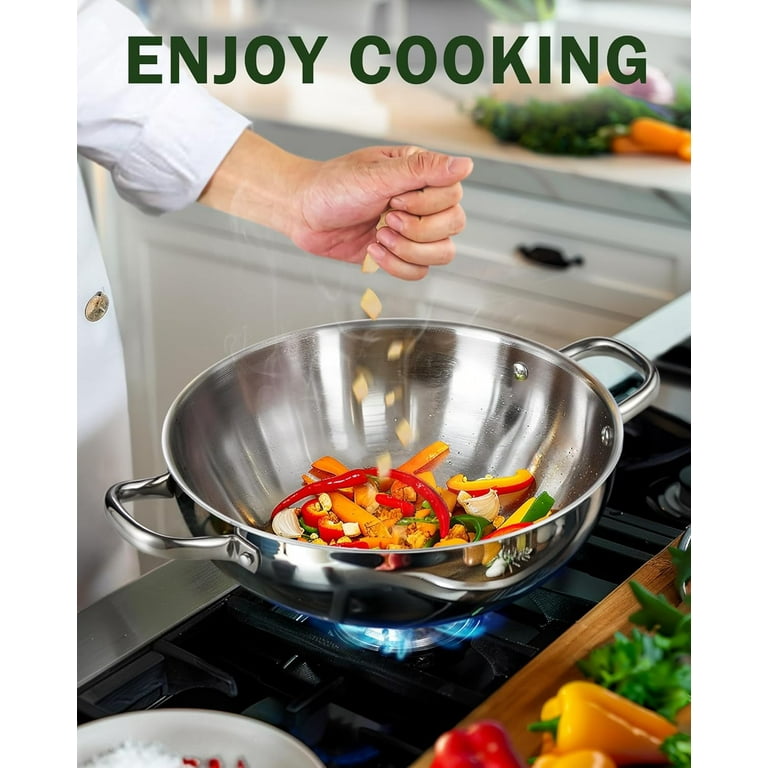 Hybrid 12-Inch Wok With Lid,Nonstick Stainless Steel Woks