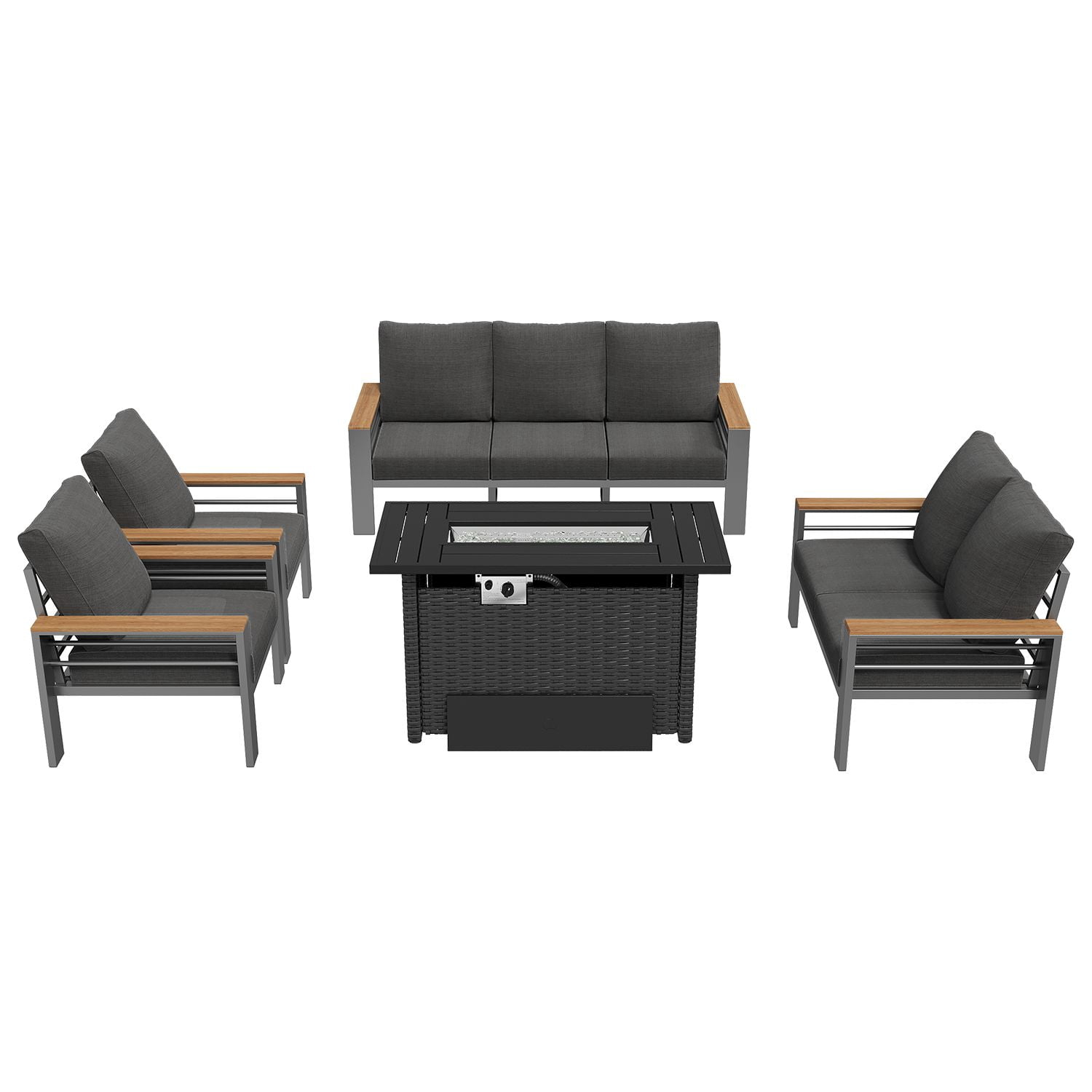 LazySunsets 5 Piece Aluminum Patio Furniture Set, 7-Seat Oversized Outdoor Sectional with Fire Pit Table, Dark Gray
