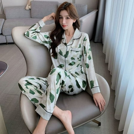 

DanceeMangoo WAVMIT Long Sleeve Pajamas Silk Set Women Sleepwear Shirt Nightwear for Women Long Top Pant Home Wear Young Girl Pyjamas Set
